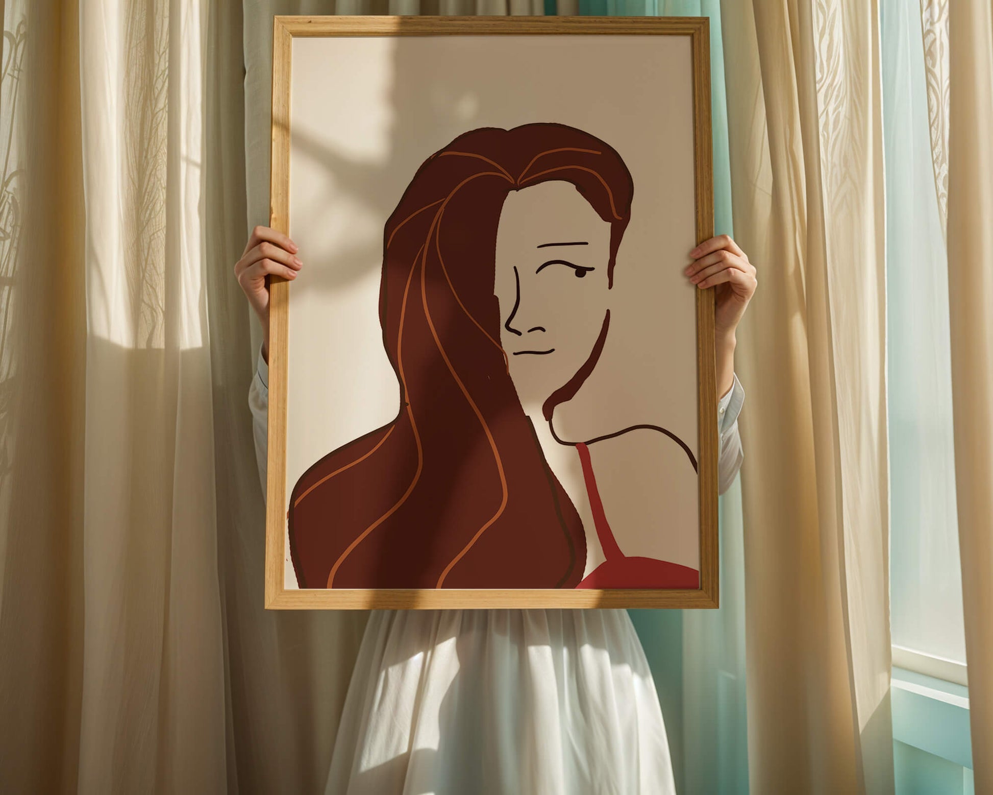 Ilustración estilizada de una mujer con cabello fluyendo y diseño minimalista