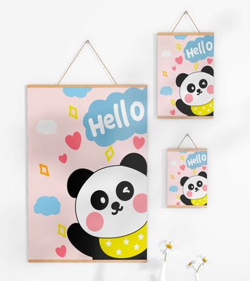 Panda illustration with playful elements and pastel colors