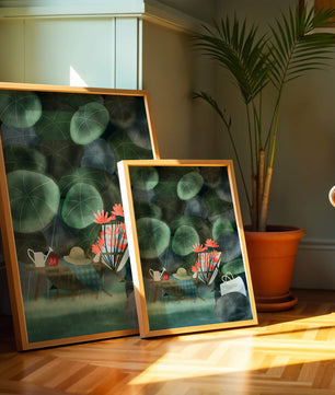 Garden Scene with Flowers, Table, and Chair in a Leafy Backdrop