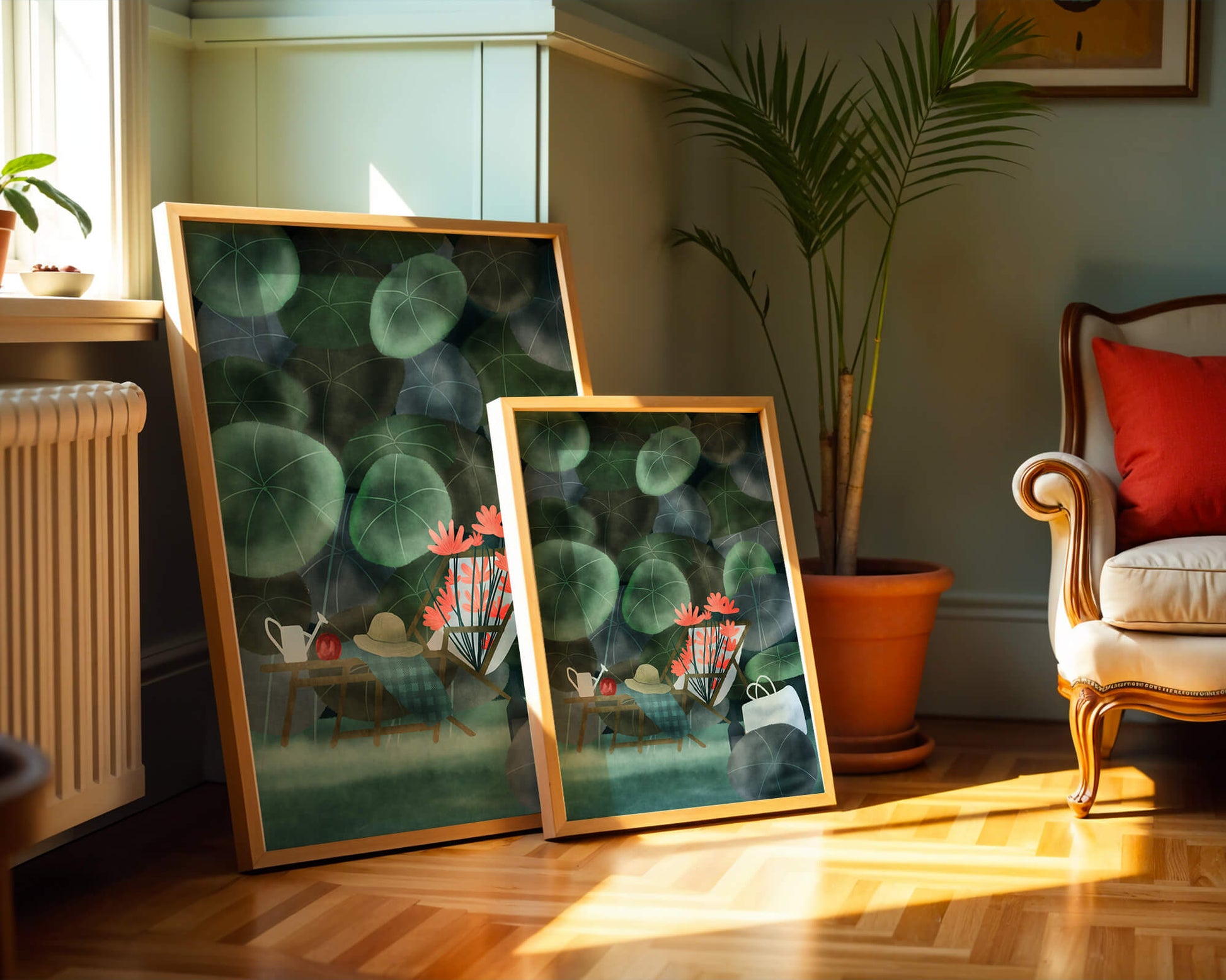 Garden Scene with Flowers, Table, and Chair in a Leafy Backdrop