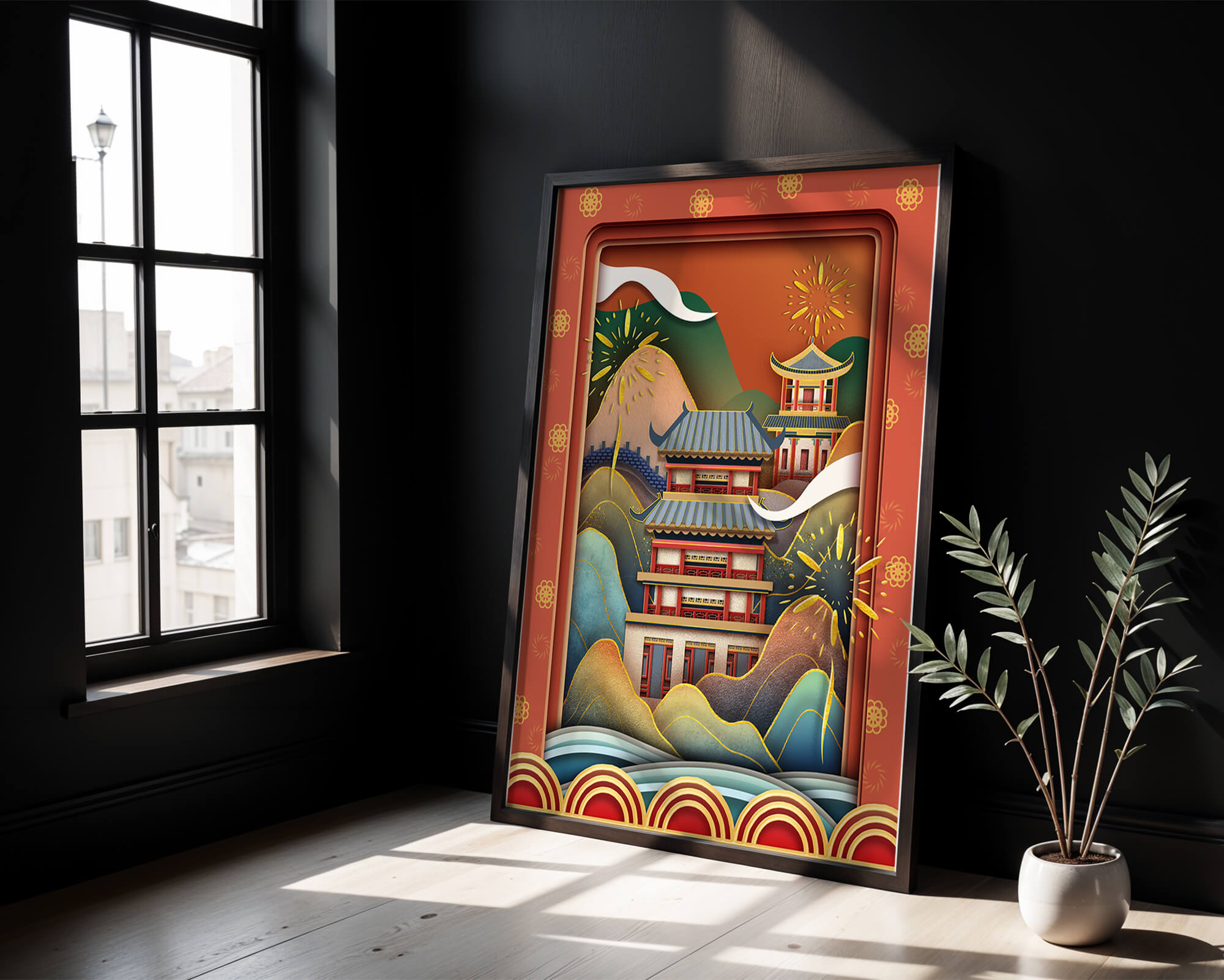 Traditional Asian architecture with fireworks and vibrant mountains