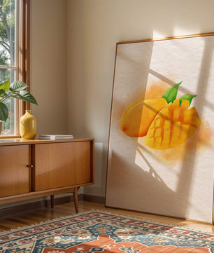 Watercolor depiction of a ripe mango with leaves on textured background