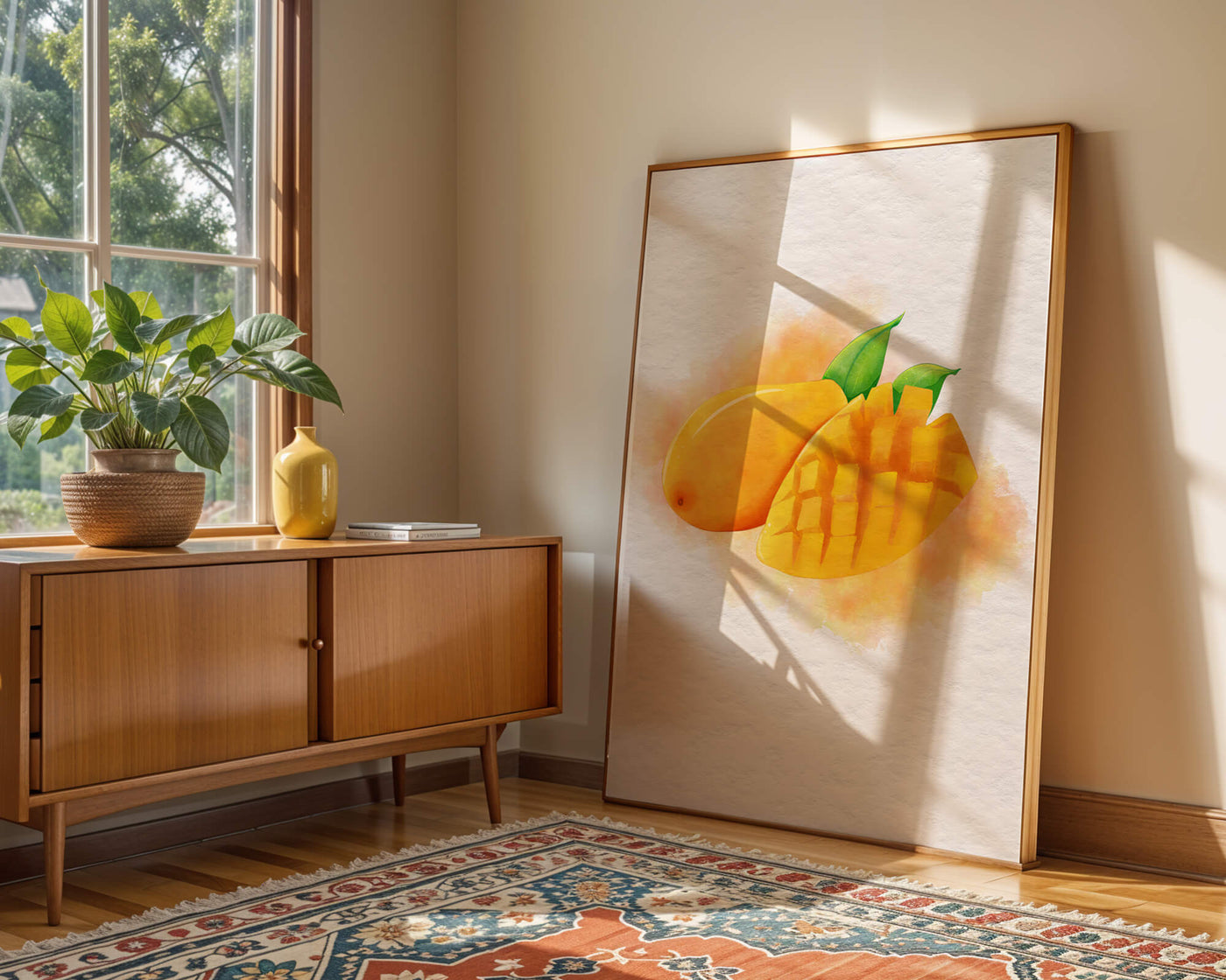 Watercolor depiction of a ripe mango with leaves on textured background