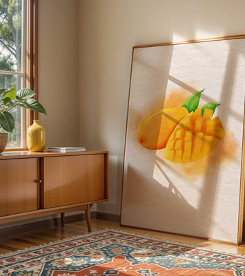 Watercolor depiction of a ripe mango with leaves on textured background
