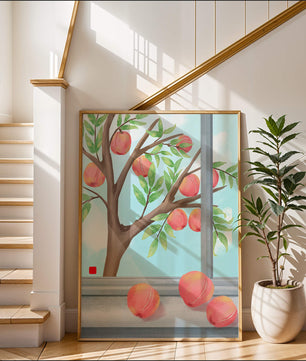 Peach tree outside a window with ripe peaches and sunny sky