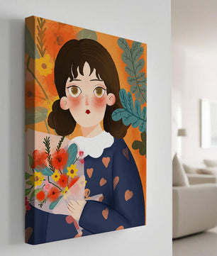 Ilustración encantadora de una chica con flores y corazones