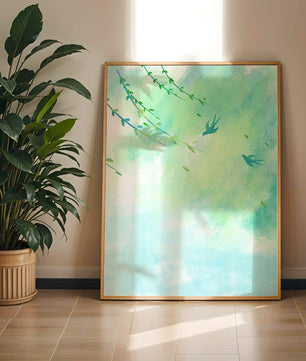 Serene Spring Scene with Birds and Leaves on a Light Blue Background