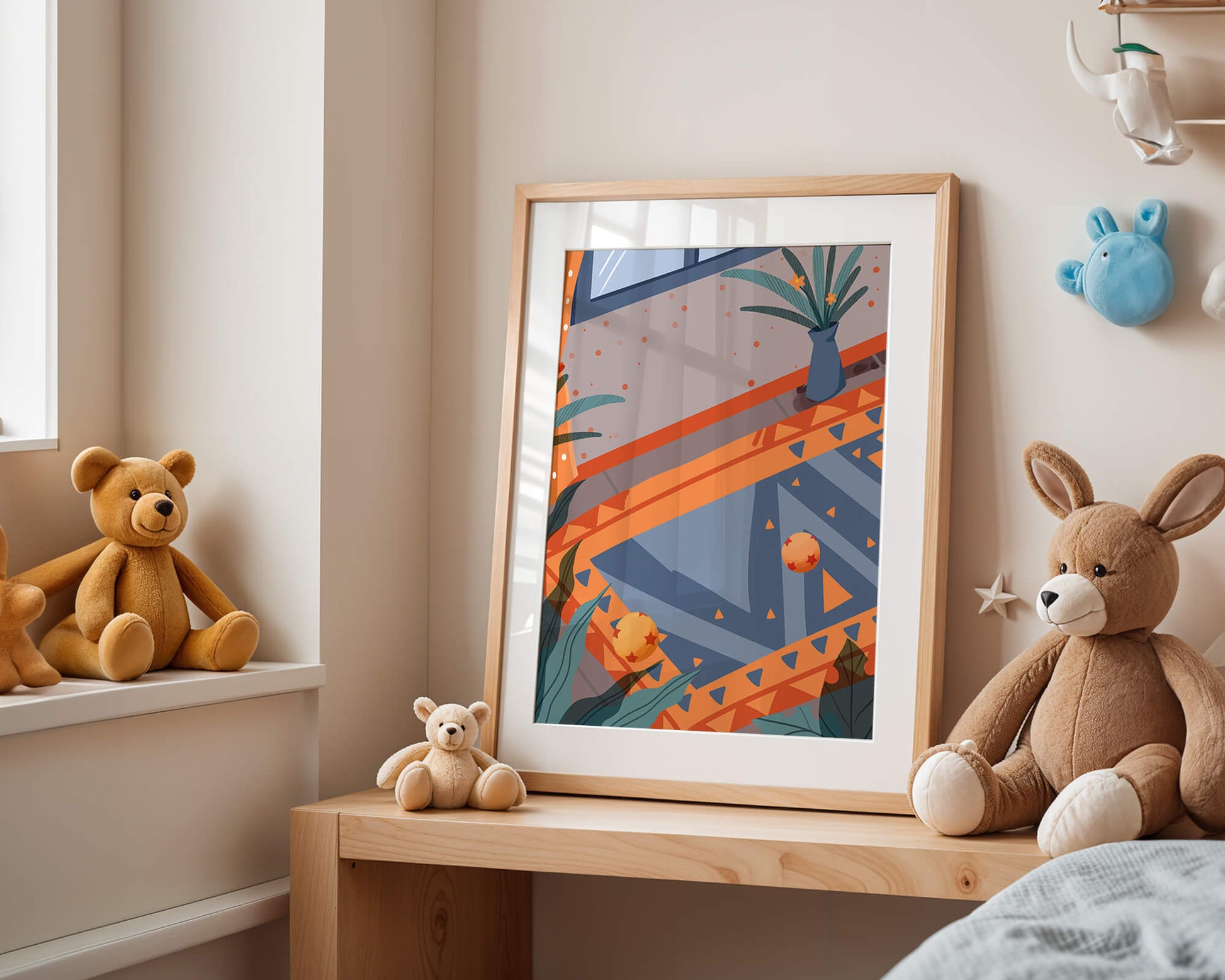 Interior abstracto moderno con patrones geométricos y planta