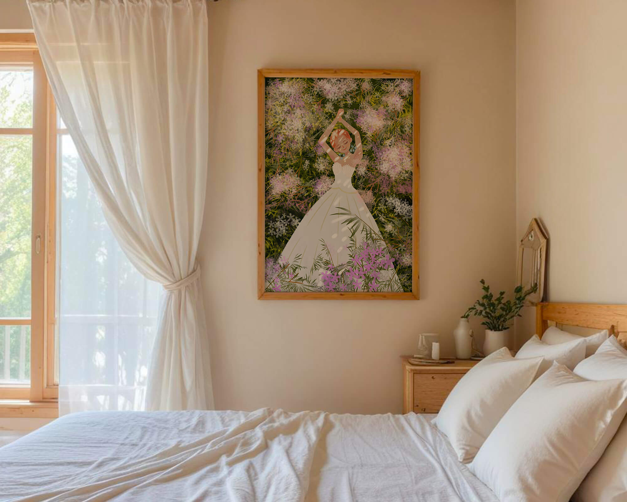 Woman in white dress lying among flowers in a garden