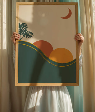 Minimalist Landscape With Mountains And Monstera Leaves At Sunset - Mi tienda