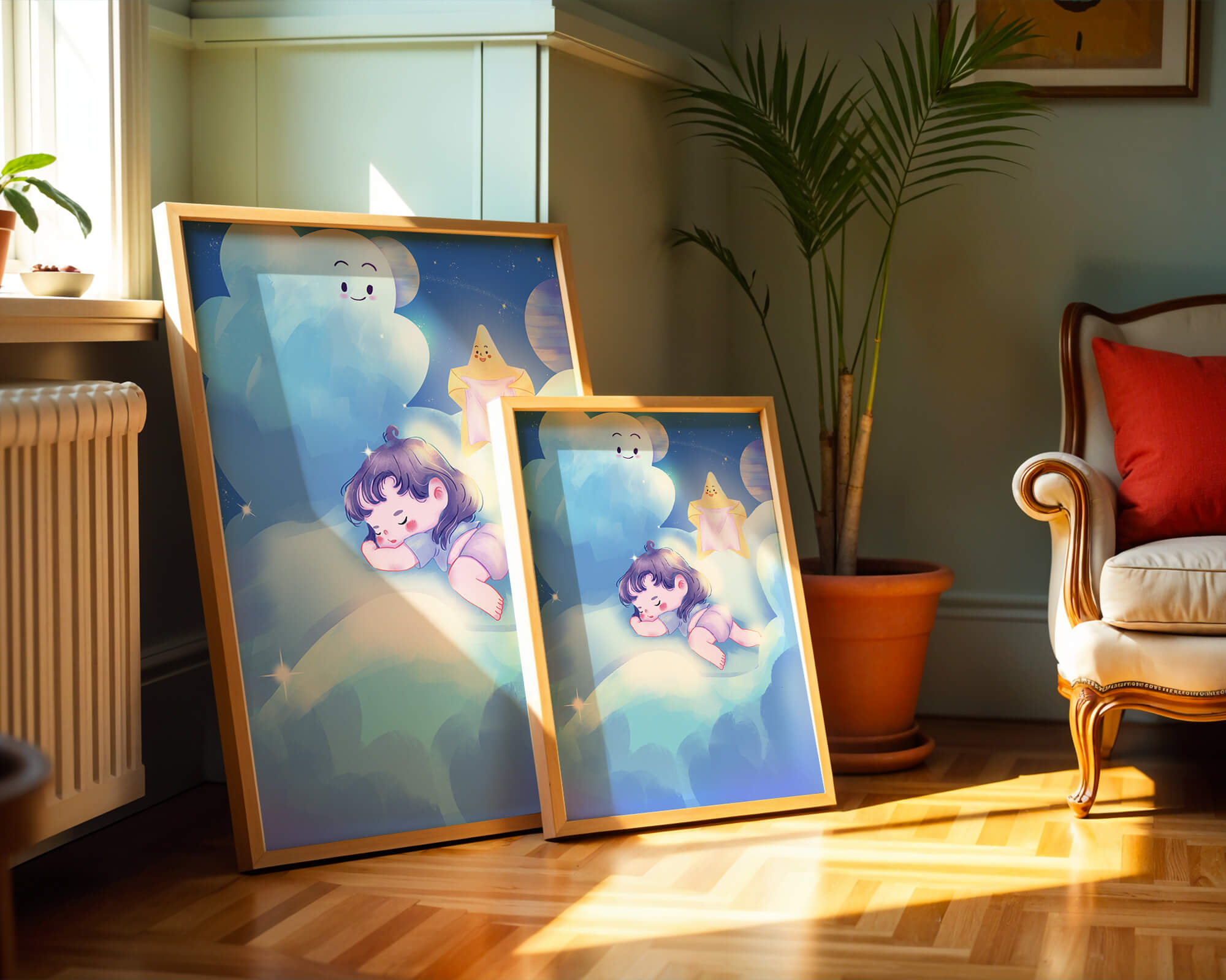 Dreamy illustration of sleeping child on clouds with smiling cloud and star
