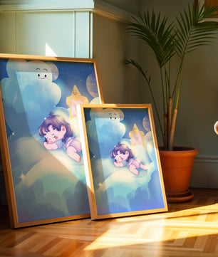 Dreamy illustration of sleeping child on clouds with smiling cloud and star