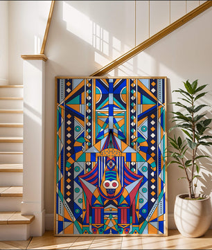 Arte tribal abstracto geométrico con patrones simétricos en azul y naranja