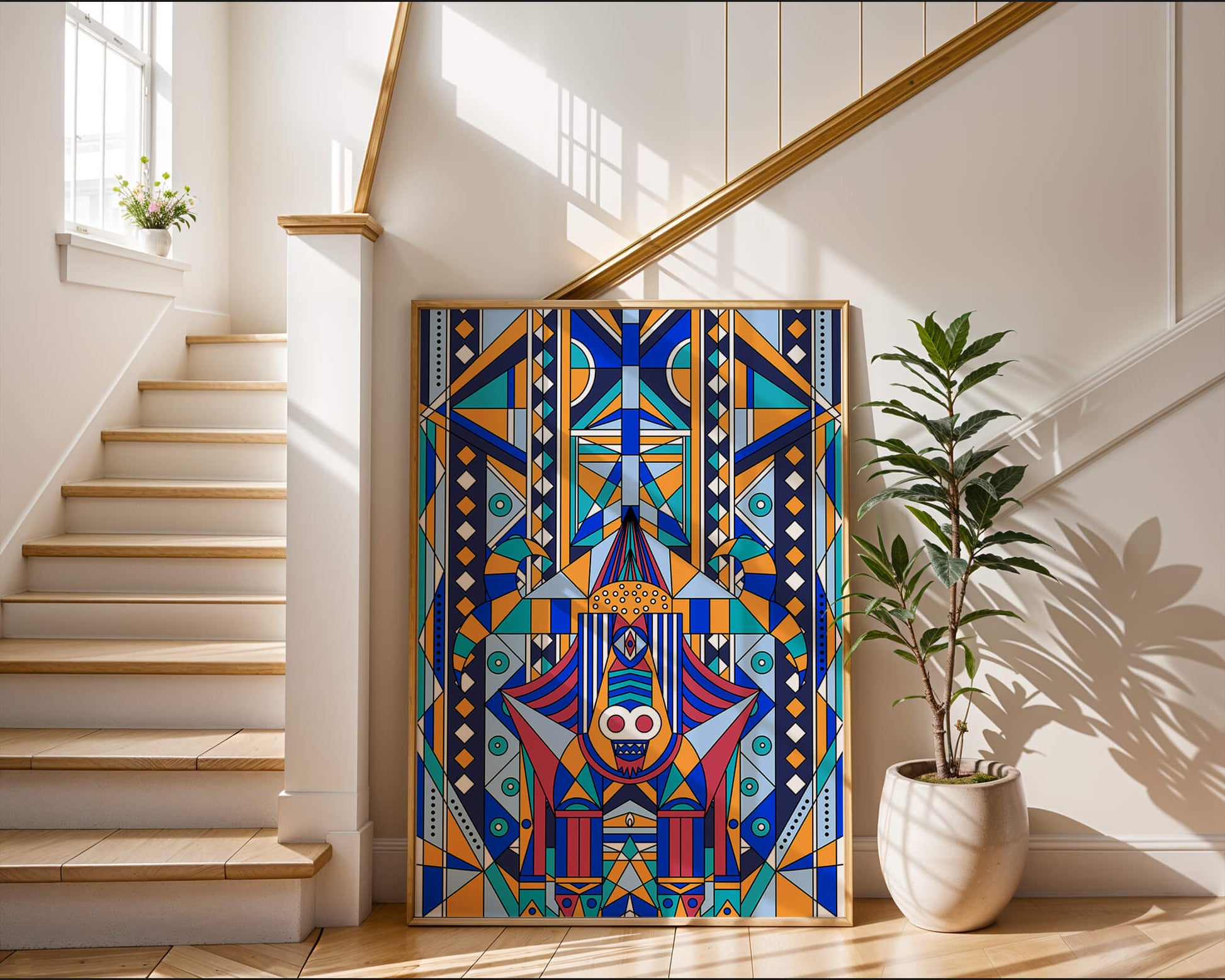 Arte tribal abstracto geométrico con patrones simétricos en azul y naranja