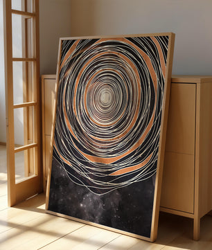 Espiral cósmica abstracta con patrones ovalados concéntricos y fondo estrellado