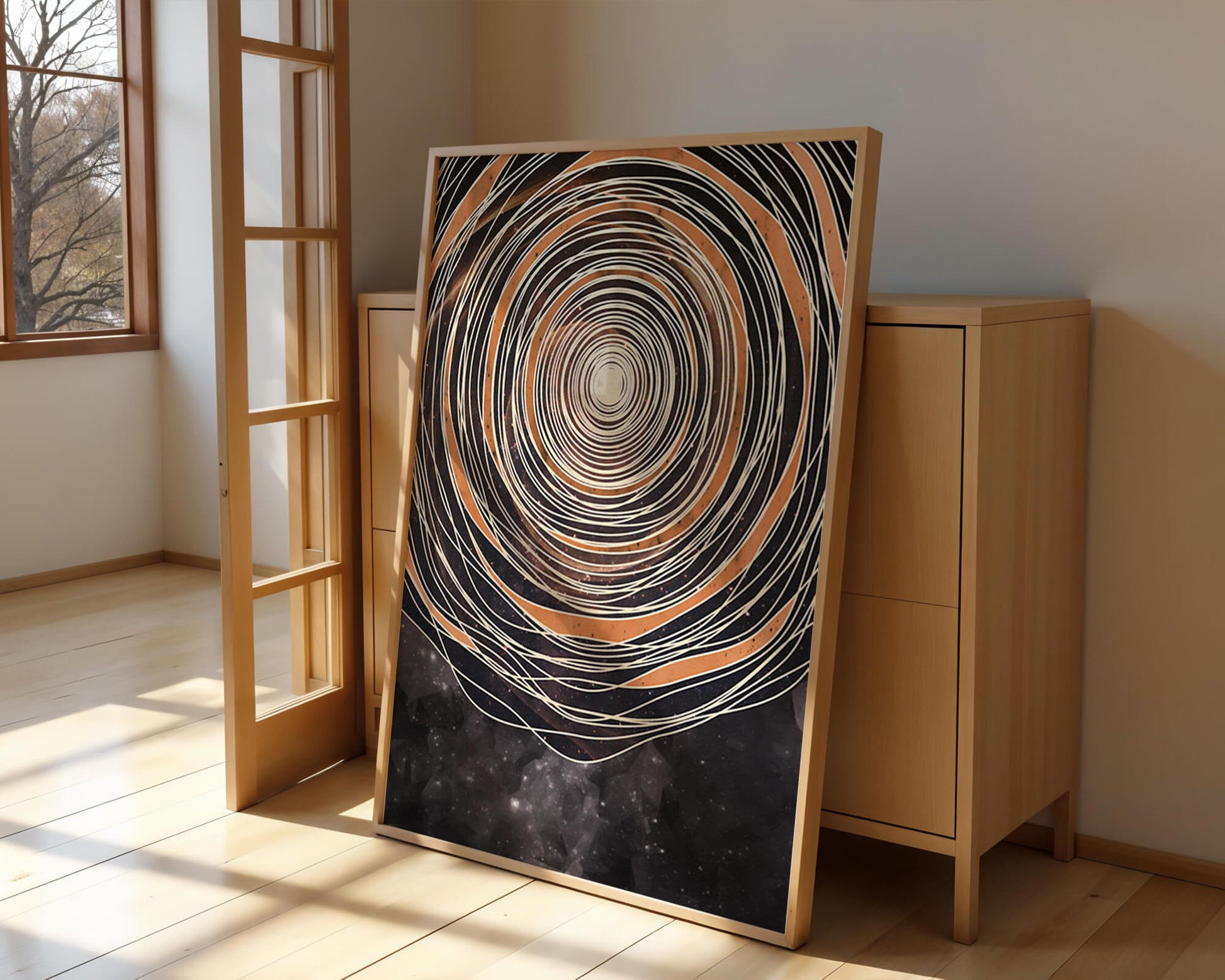 Abstract cosmic spiral with concentric oval patterns and starry background