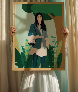 Illustrative portrait of a woman in a stylish outfit with nature backdrop