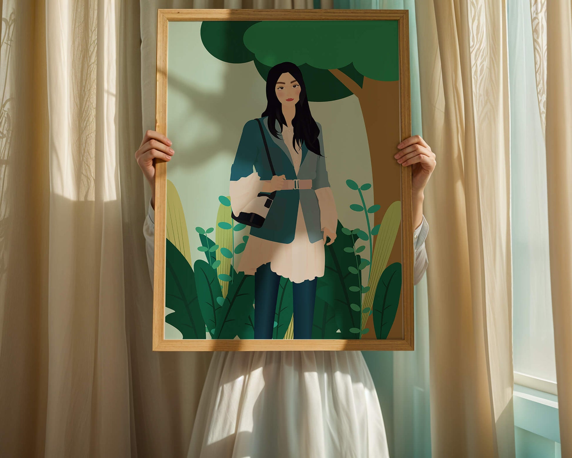 Illustrative portrait of a woman in a stylish outfit with nature backdrop