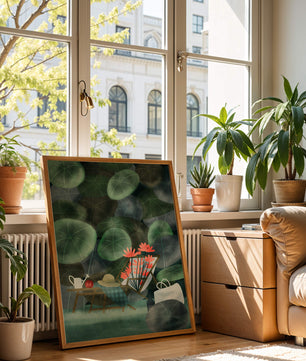 Garden Scene with Flowers, Table, and Chair in a Leafy Backdrop