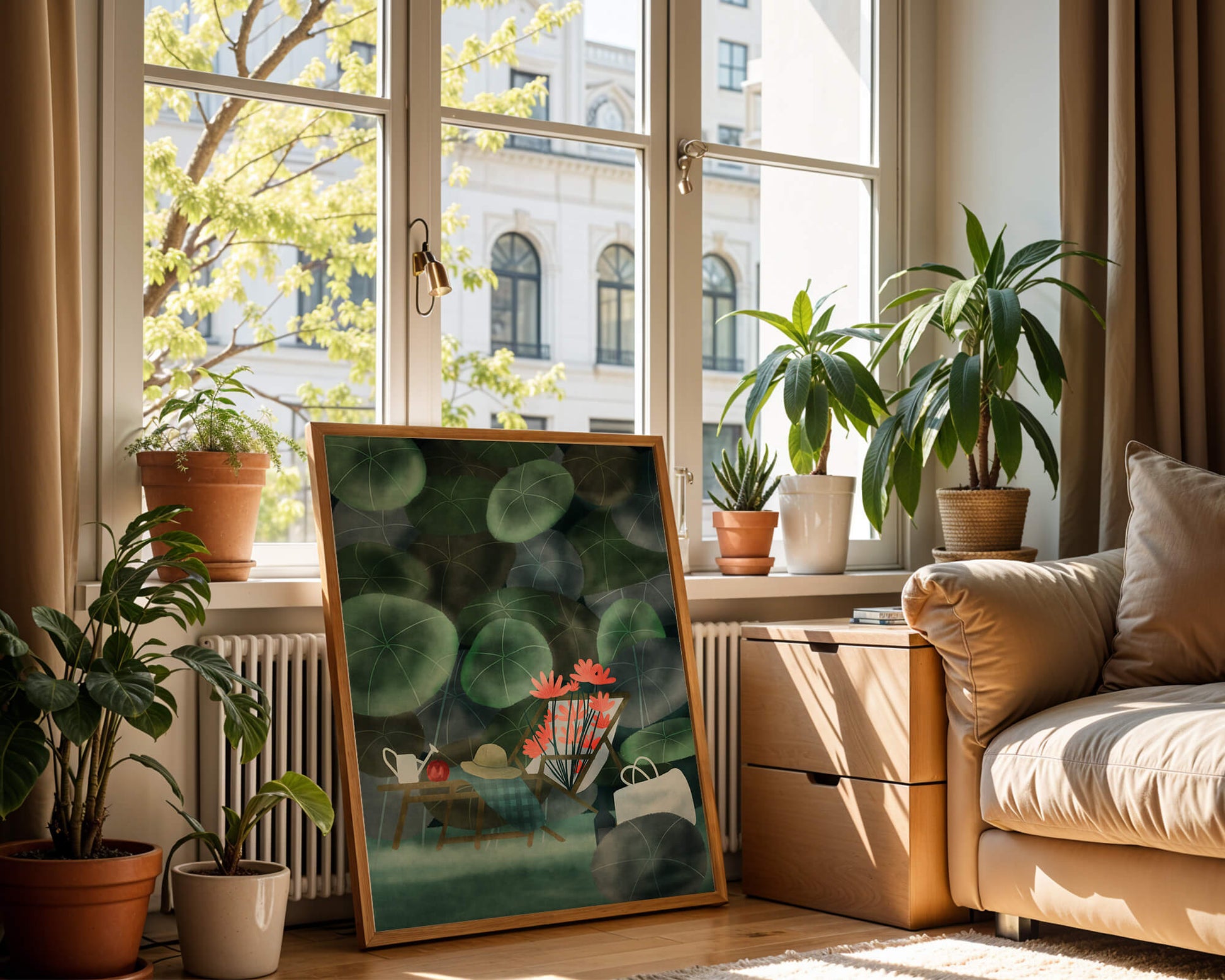 Garden Scene with Flowers, Table, and Chair in a Leafy Backdrop