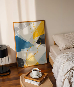 Abstract Geometric Art with Gold Accents in Blue, Yellow, and Gray - Mi tienda