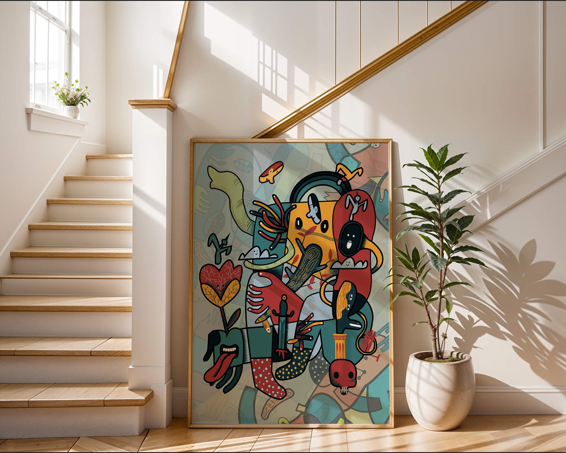 Composición artística surrealista abstracta con colores vibrantes