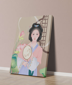 Elegant traditional Asian woman in pastel attire with floral background