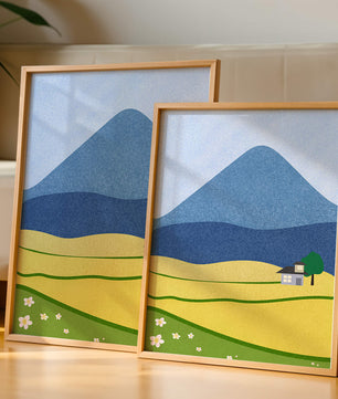 Serene Countryside Landscape with Mountain and Flowers