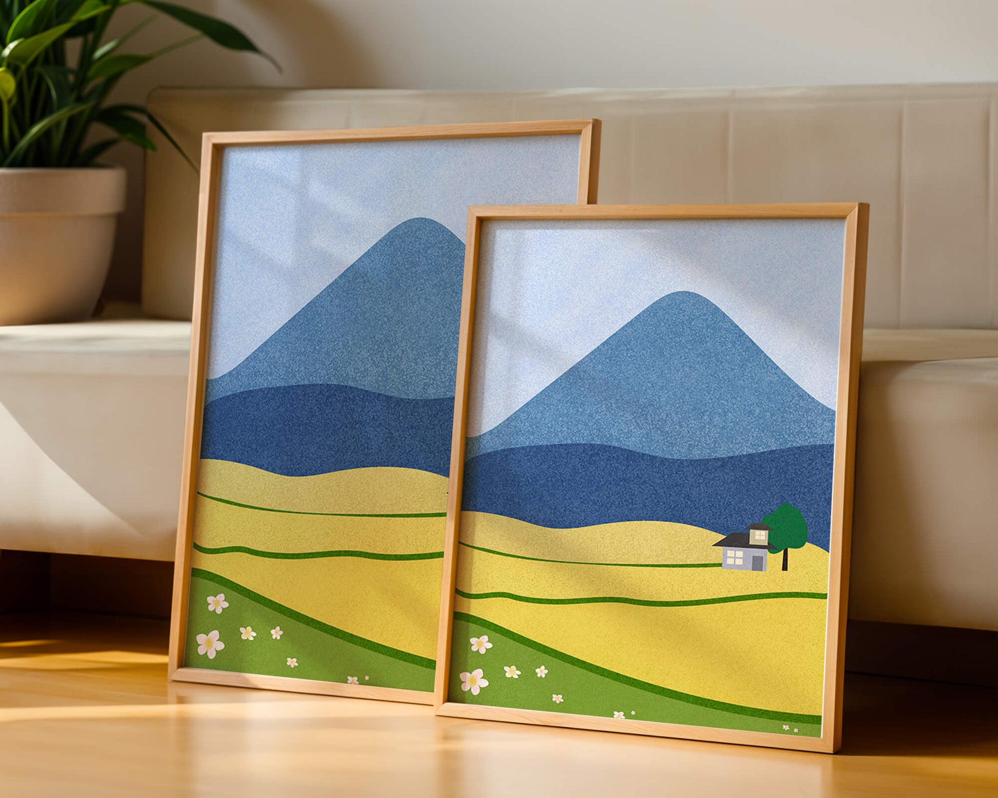 Serene Countryside Landscape with Mountain and Flowers