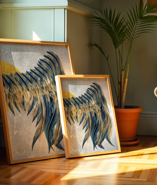 Abstract Composition with Blue and Gold Accents on Textured Background