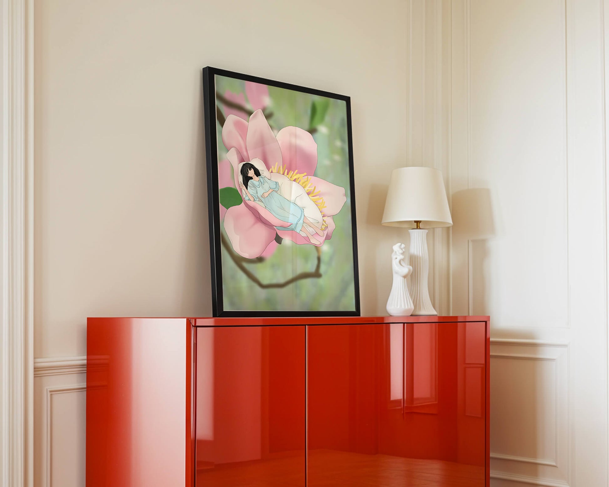 Dreamlike scene of a woman sleeping in a large pink flower