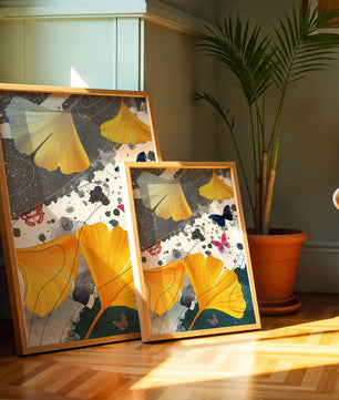Artistic Composition with Yellow Leaves and Butterflies