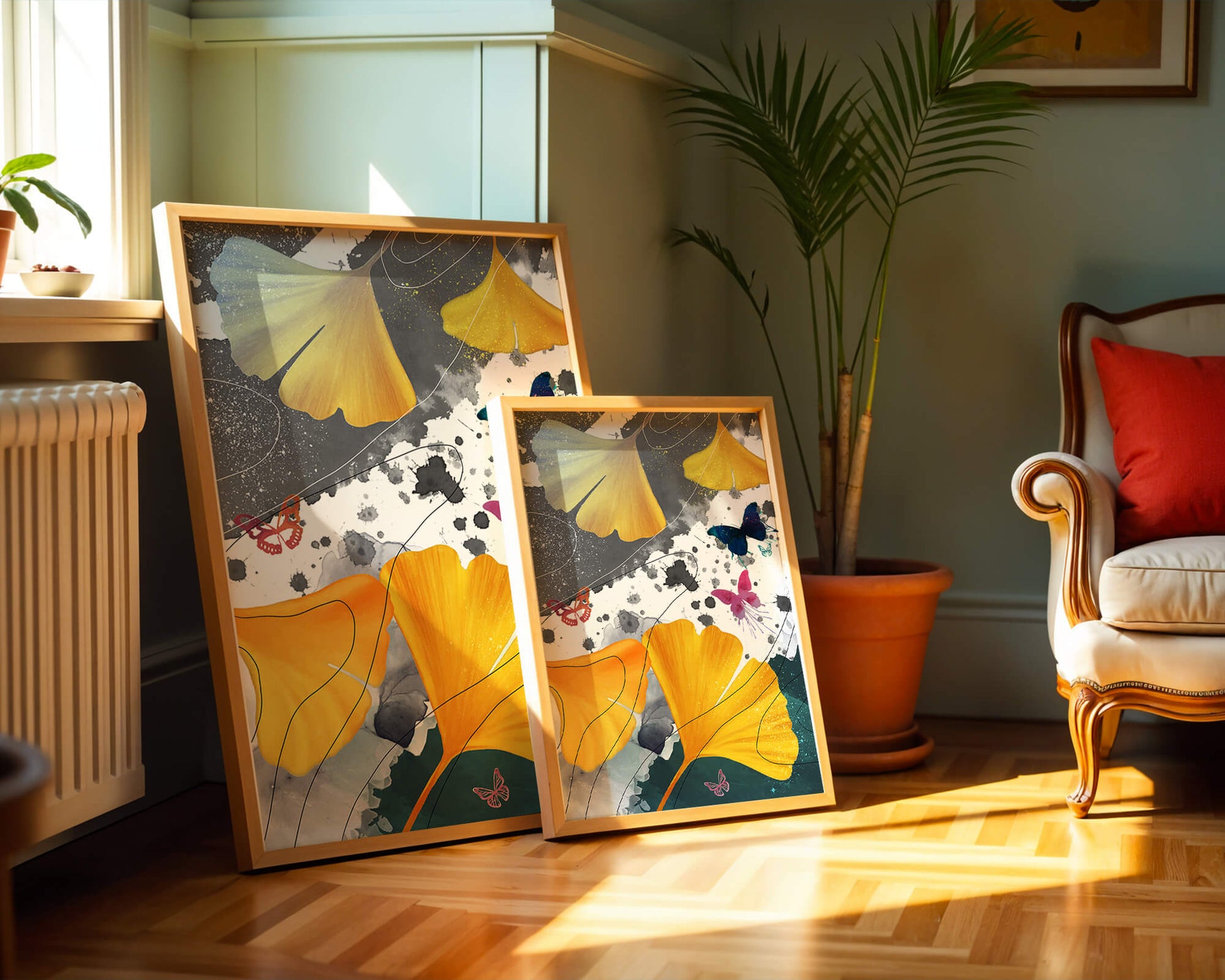 Composición artística con hojas amarillas y mariposas