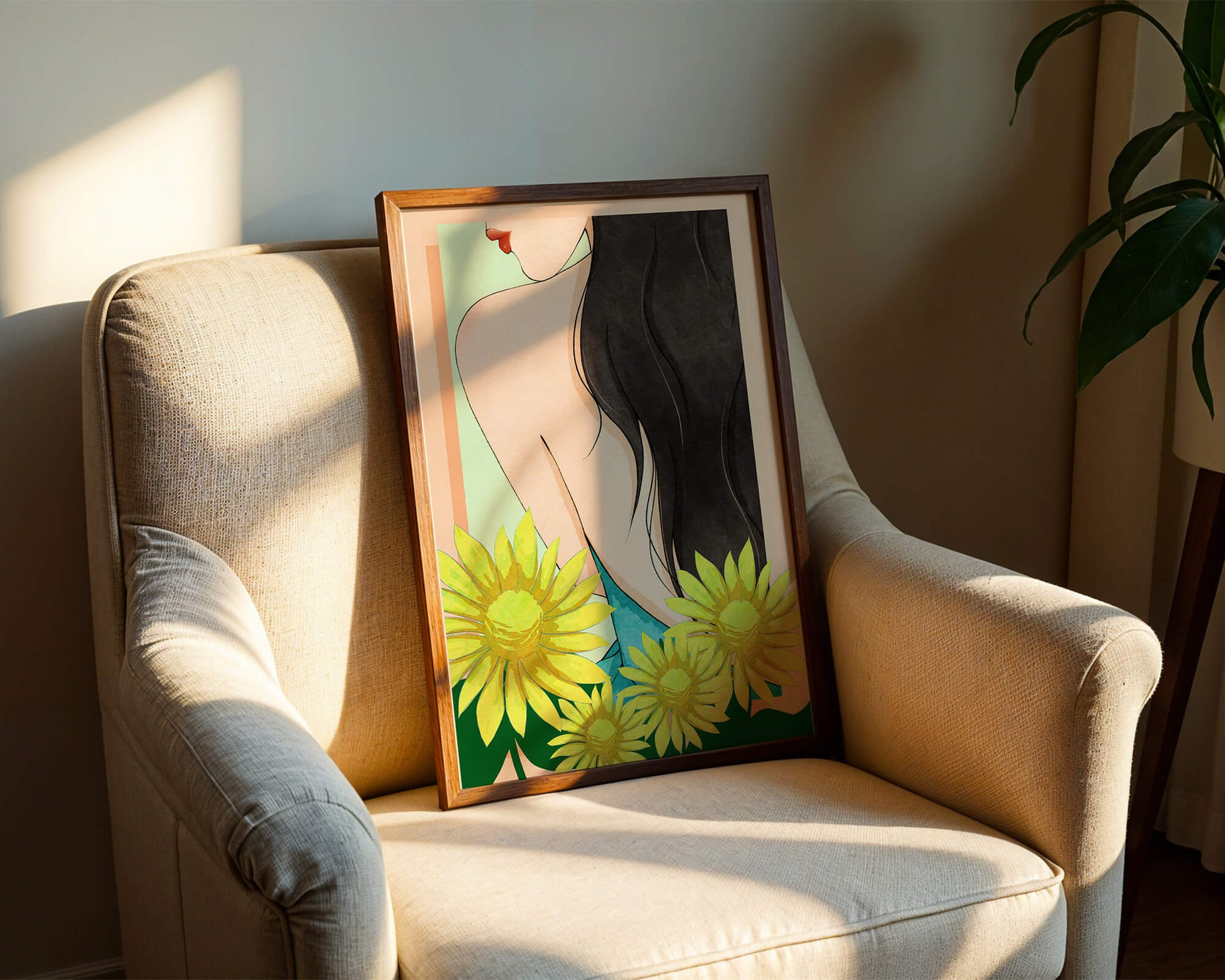 Ilustración de una mujer elegante con girasoles y cabello largo y oscuro
