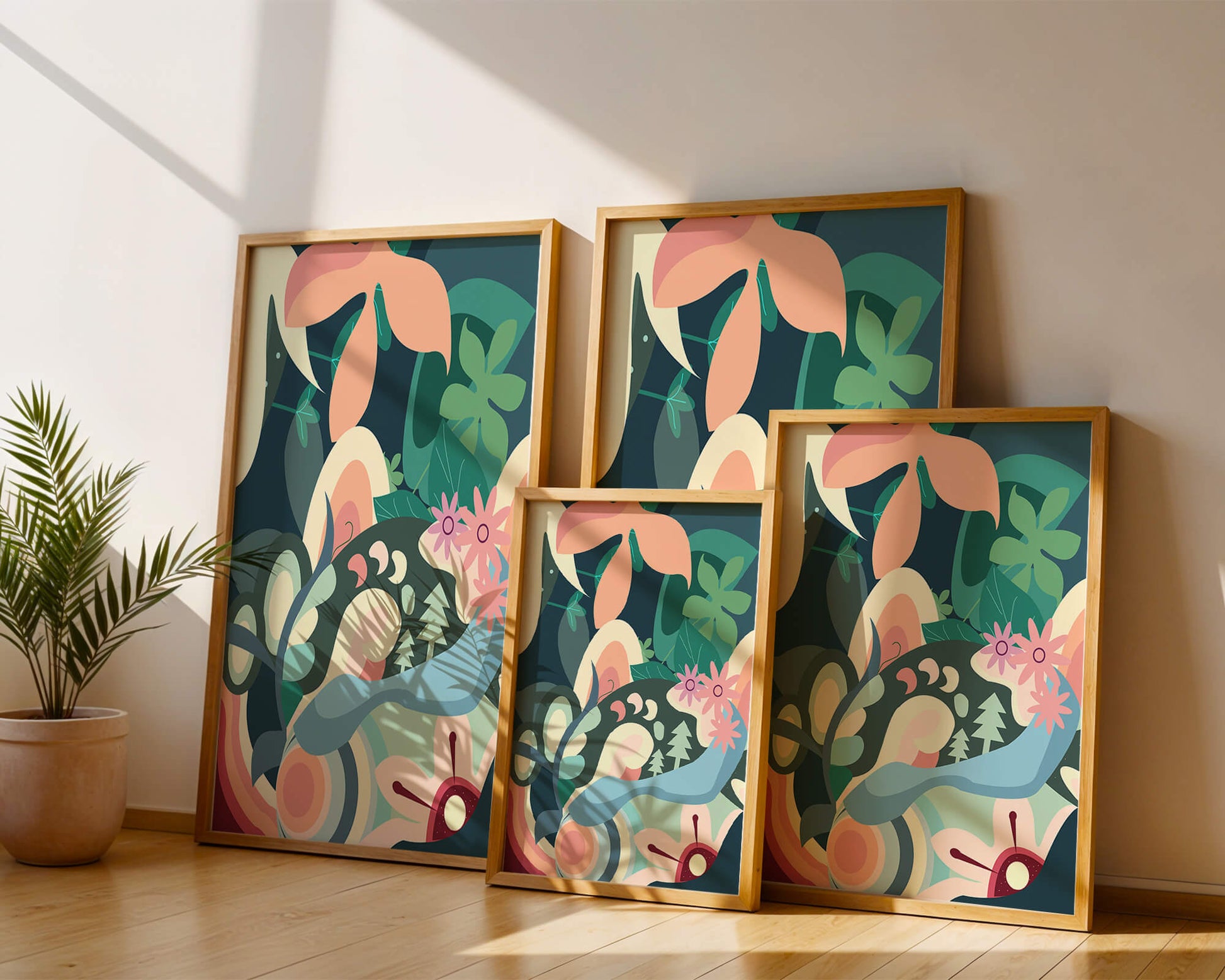 Abstract botanical artwork with vibrant colors and natural elements