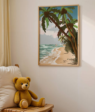 Tranquil Beach Scene with Palm Trees and Sailboats