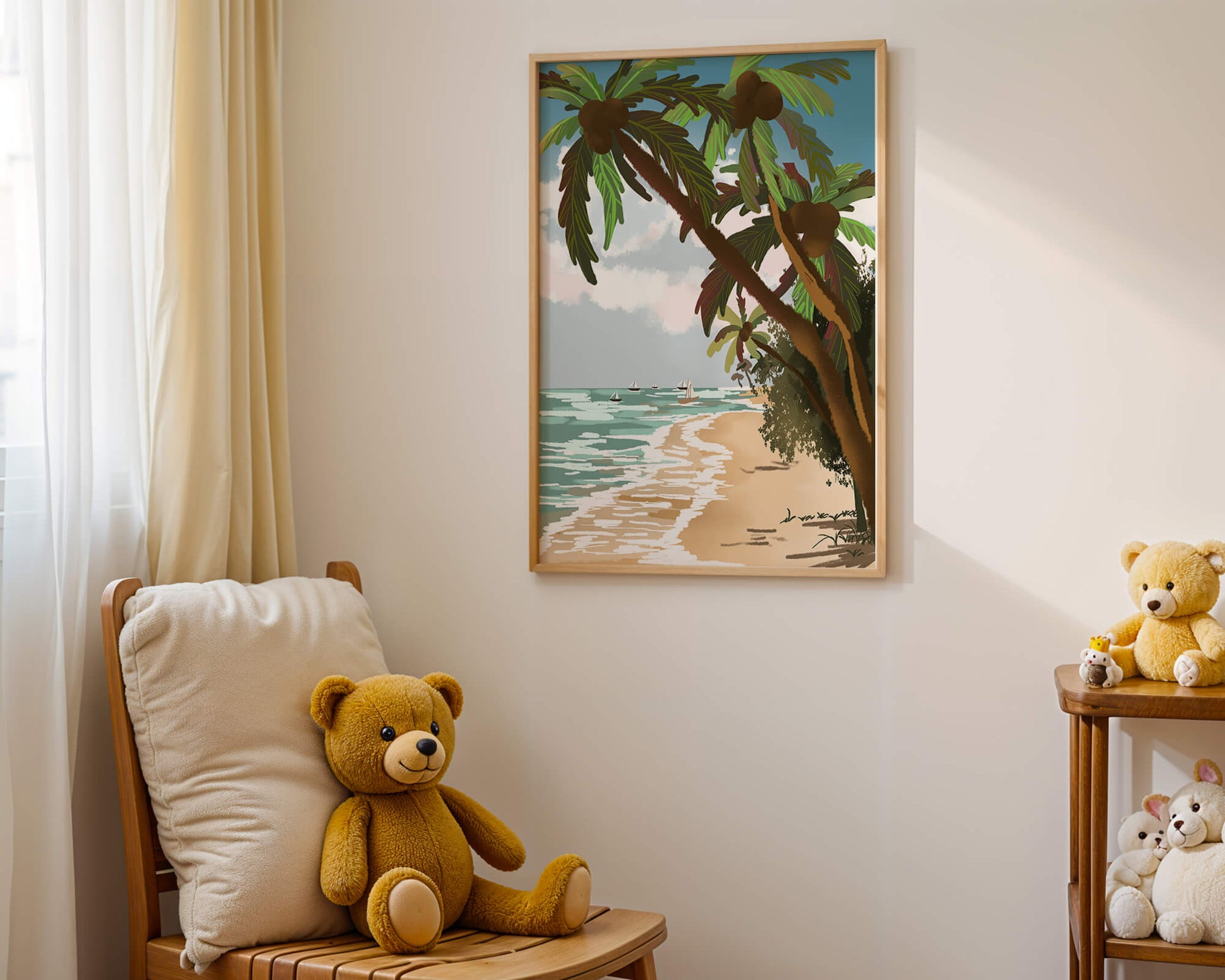 Tranquil Beach Scene with Palm Trees and Sailboats