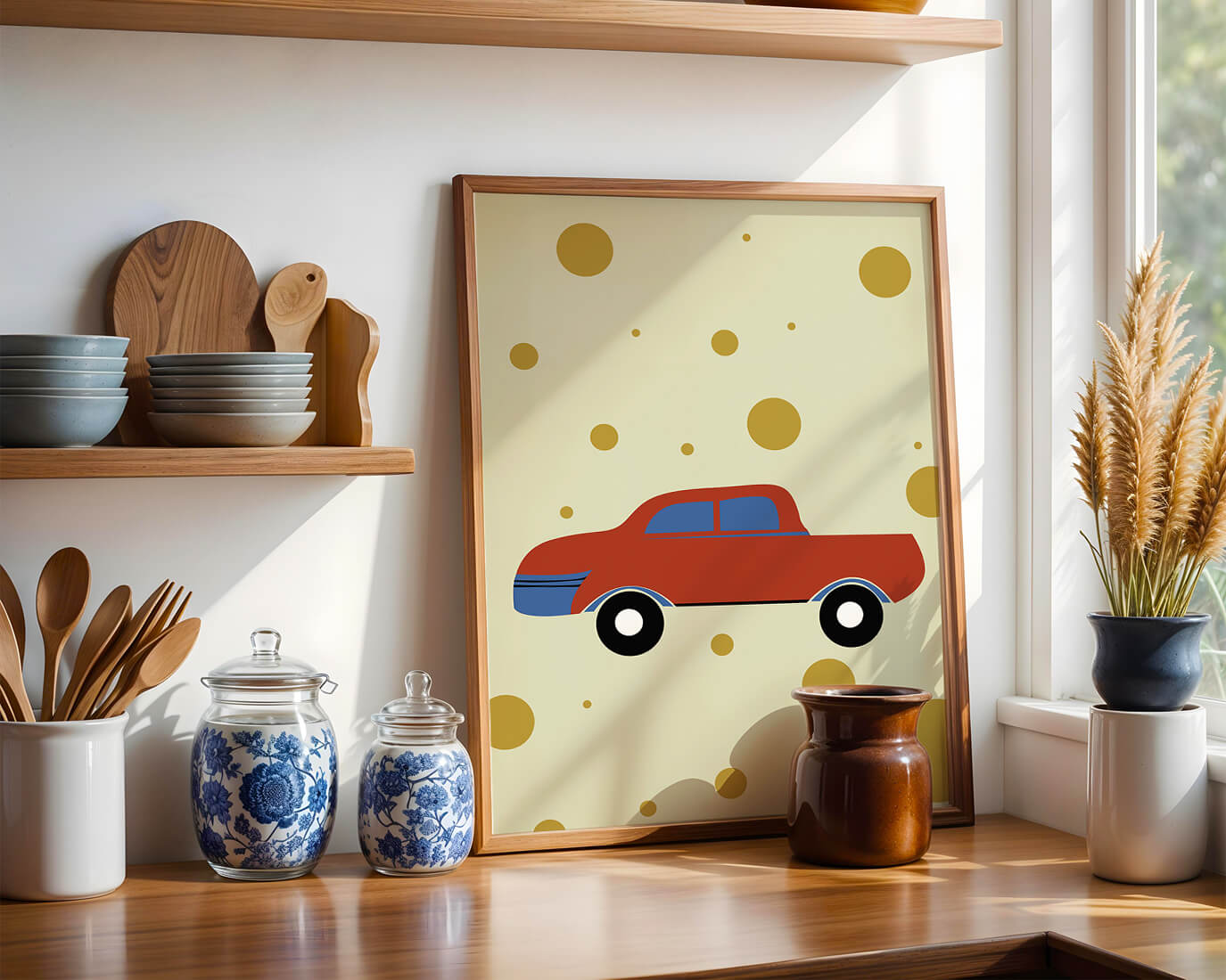 Abstract illustration of a red car with golden circles on a beige background