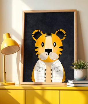 Illustration of cute cartoon tiger character in stylish outfit on dark background