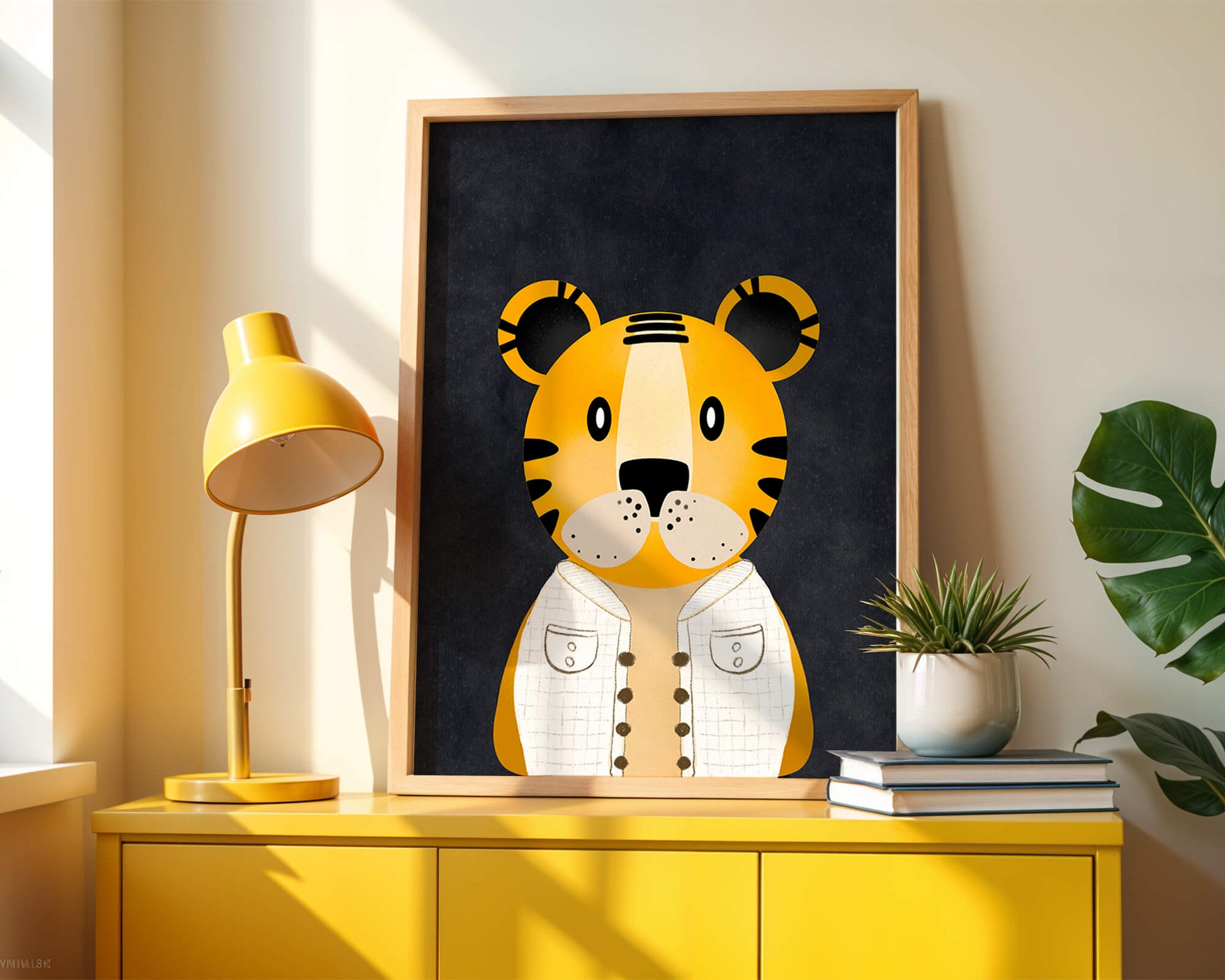 Illustration of cute cartoon tiger character in stylish outfit on dark background