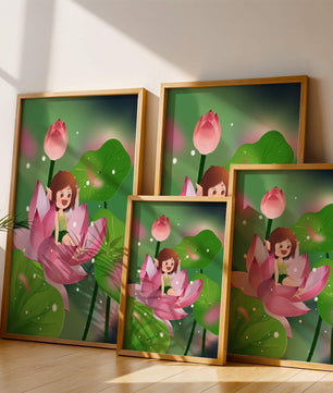 Charming fairy sitting on a blooming pink lotus in a magical garden