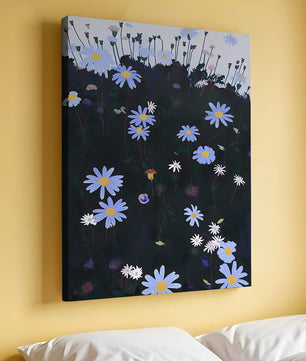 Field Of Blue And White Daisies On A Dark Background