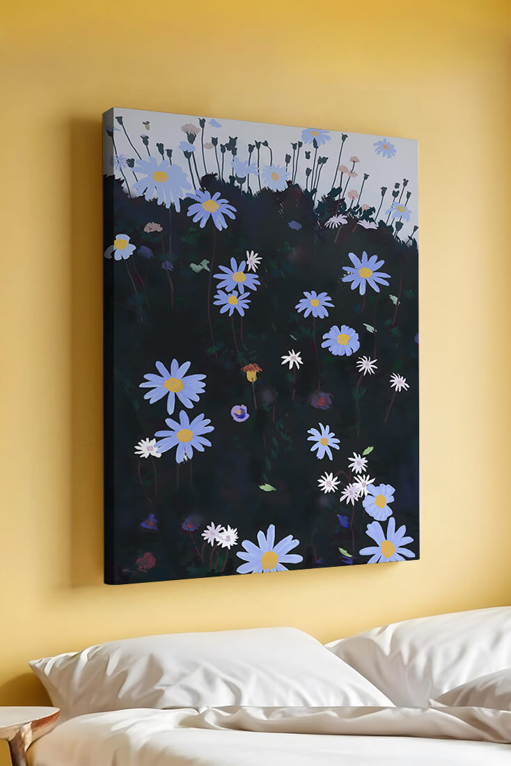 Field Of Blue And White Daisies On A Dark Background