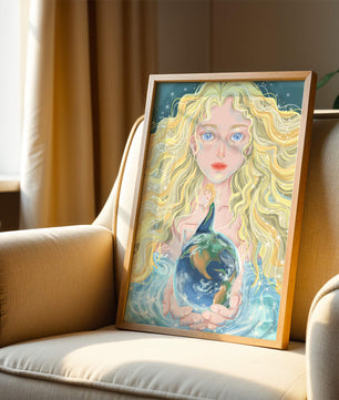 Fantasy artwork of woman holding earth with shimmering details