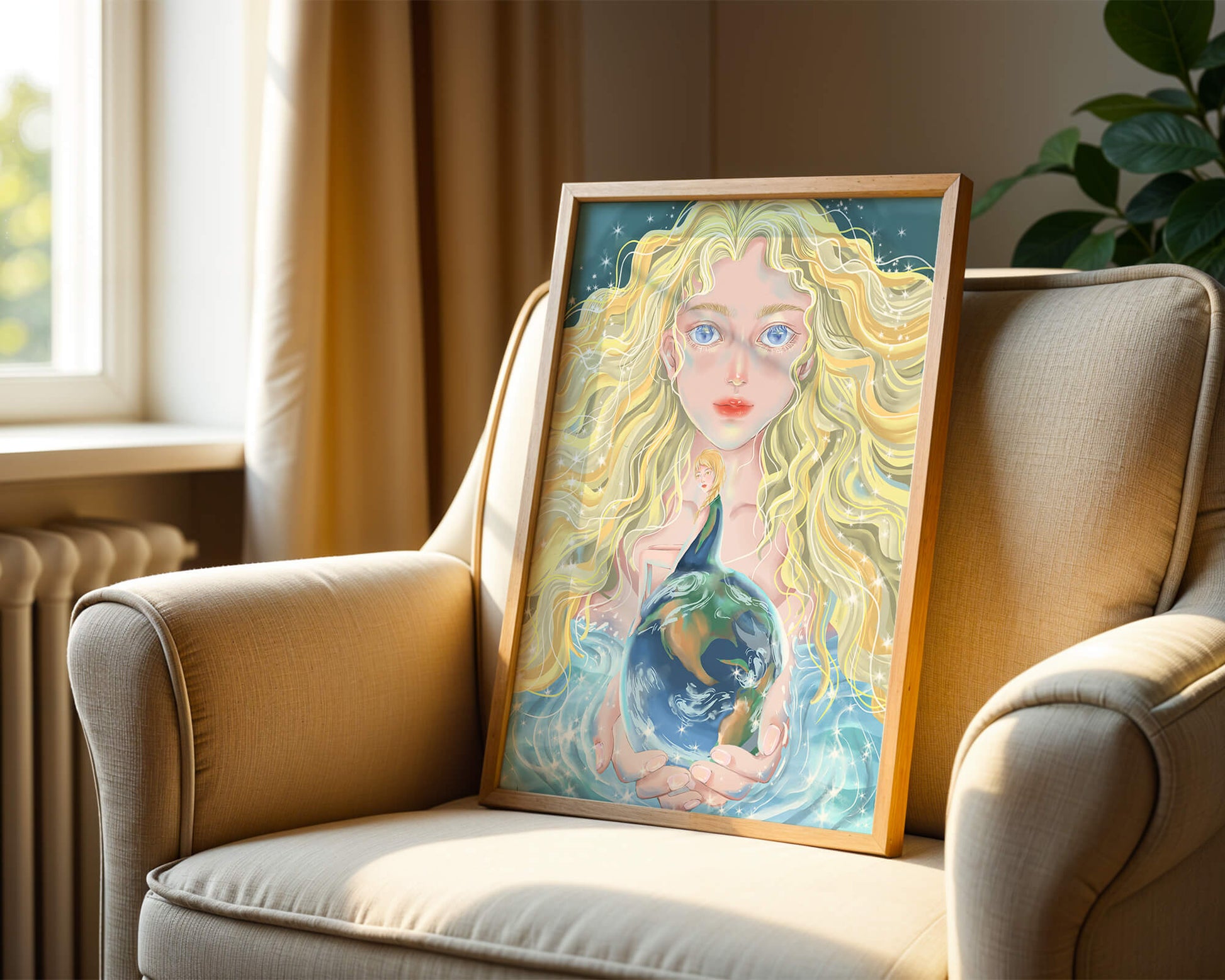 Fantasy artwork of woman holding earth with shimmering details