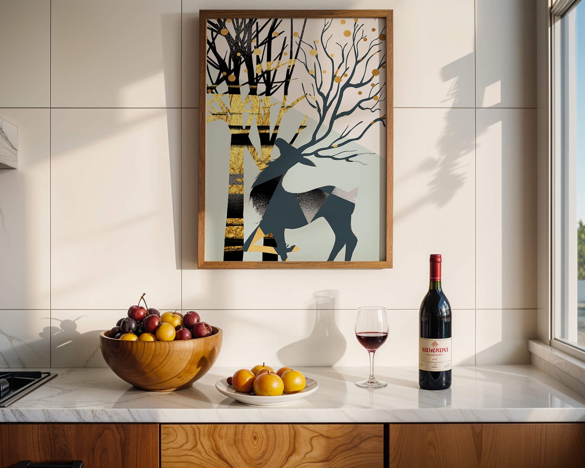 Abstract Deer Silhouette with Golden Accents and Trees