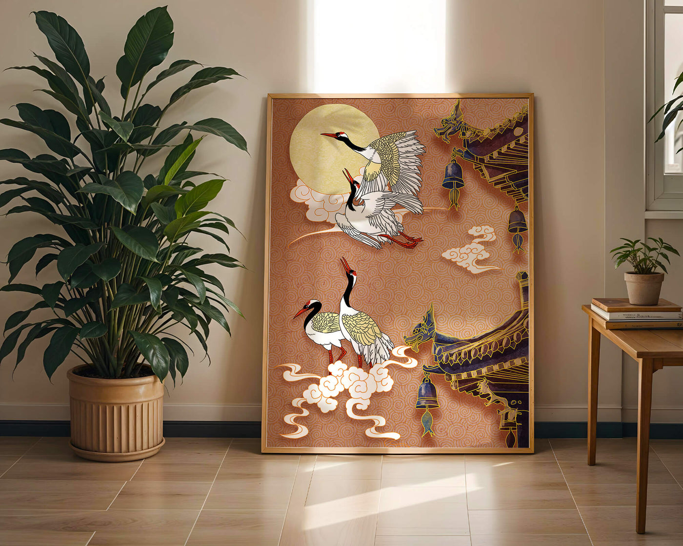 Elegant cranes flying beside traditional Asian architecture under moonlight