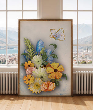 Floral and crystal arrangement with golden butterfly