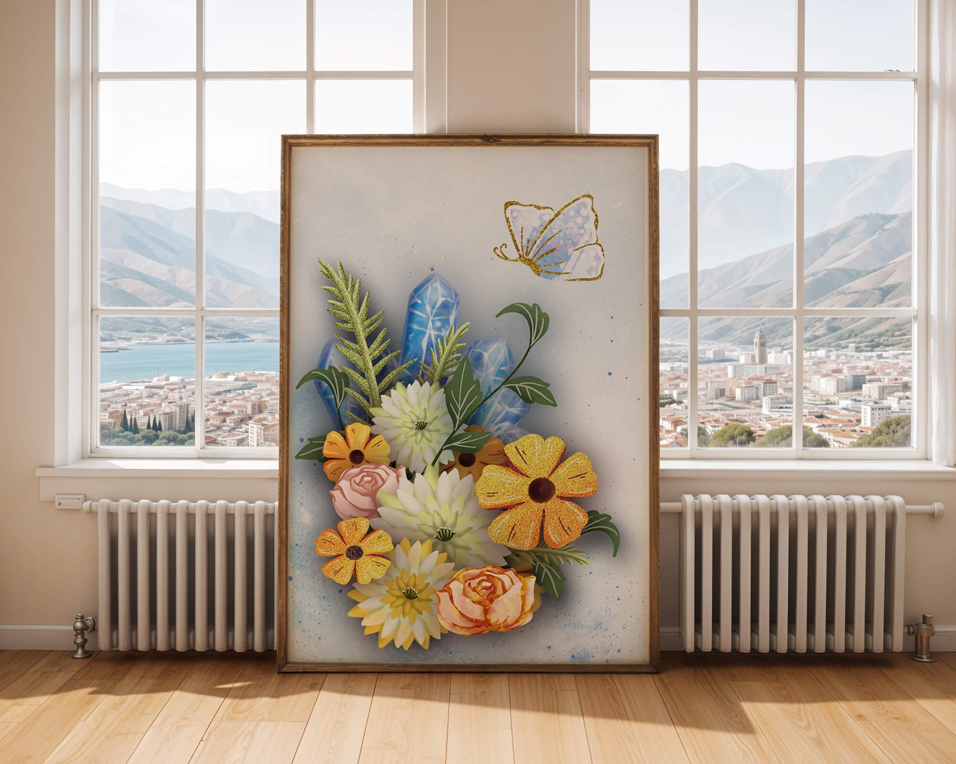 Floral and crystal arrangement with golden butterfly