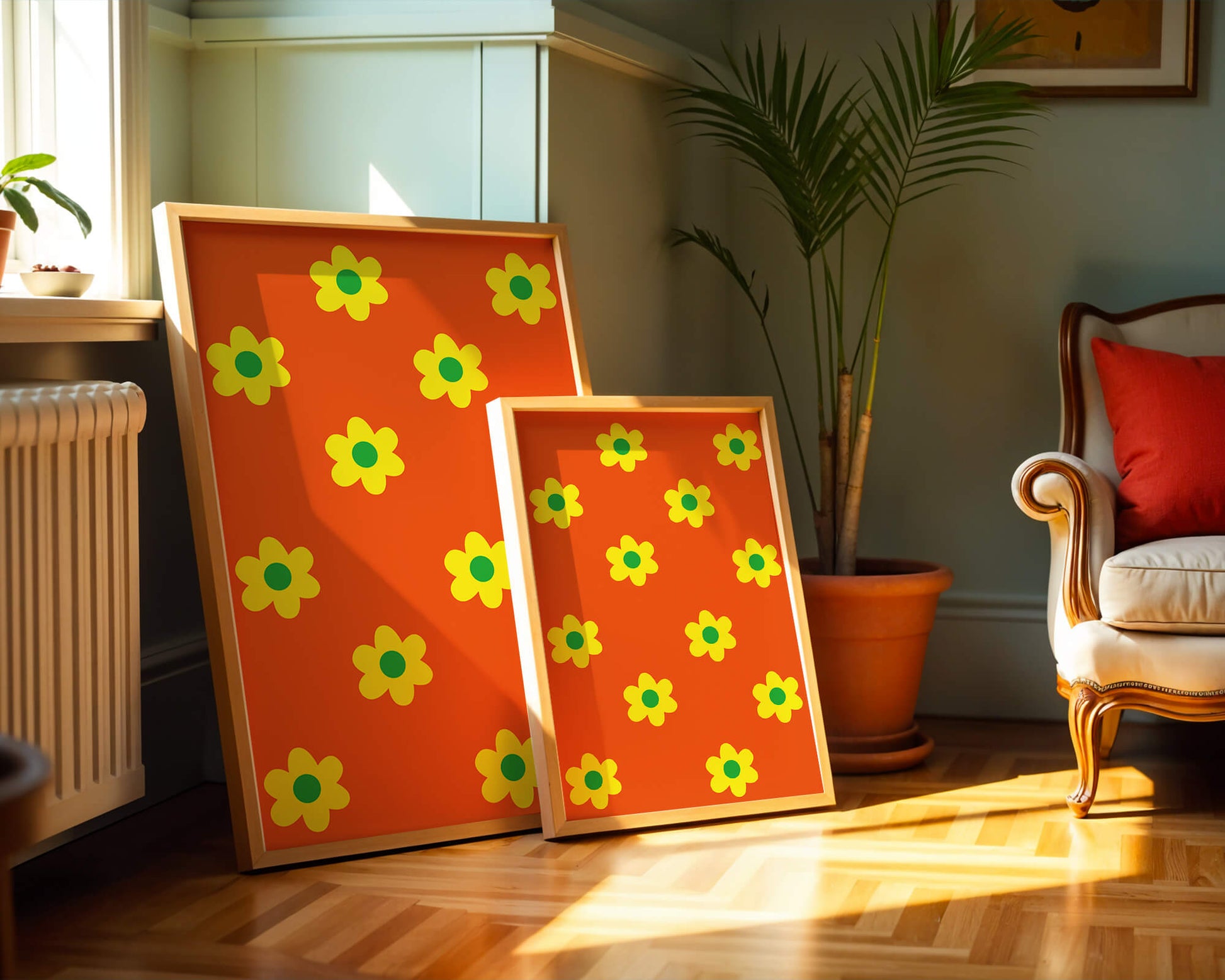 Colorful floral pattern with yellow flowers on orange background